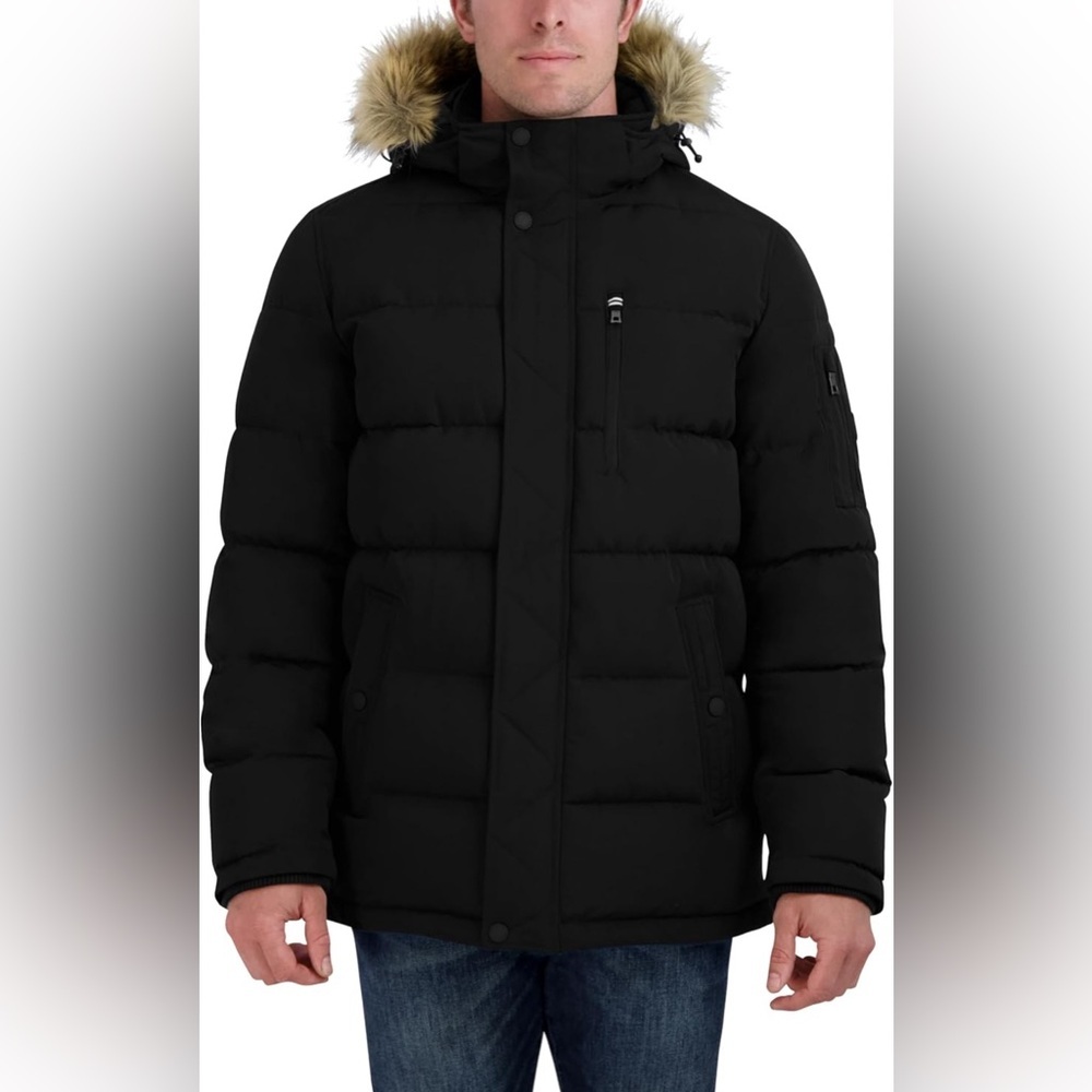 🖤 Nautica Black Puffer Parka Faux Fur Hood Winter Jacket Men’s Large.